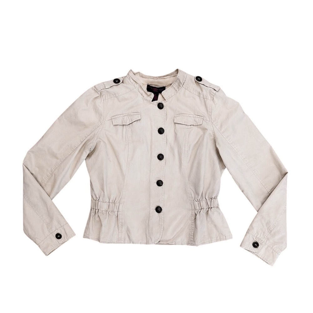 Y2k Tan Military Jacket Victorian Peplum Button Up Utility Coat L khaki